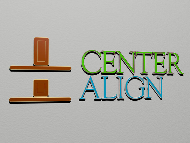 3D ilustracja grafiki i tekstu CENTER ALIGN wykonane przez metaliczne litery kości dla powiązanych znaczeń koncepcji i prezentacji dla miasta i architektury - Zdjęcie, obraz