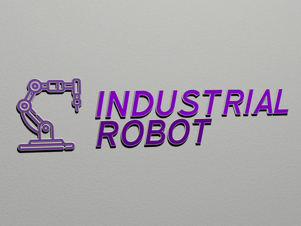 INDUSTRIËLE ROBOT icoon en tekst op de muur, 3D illustratie voor achtergrond en industrie - Foto, afbeelding
