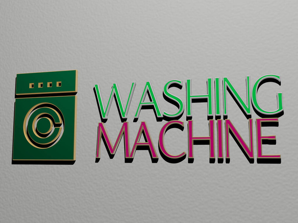 3D grafische beeld van de wasmachine verticaal samen met tekst gebouwd door metalen kubieke letters vanuit het bovenste perspectief, uitstekend voor het concept presentatie en diavoorstellingen voor schoon en - Foto, afbeelding