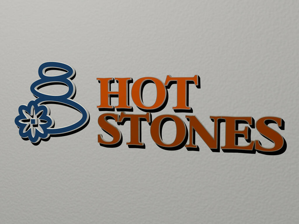 HOT STONES icoon en tekst op de muur, 3D illustratie voor achtergrond en koffie - Foto, afbeelding