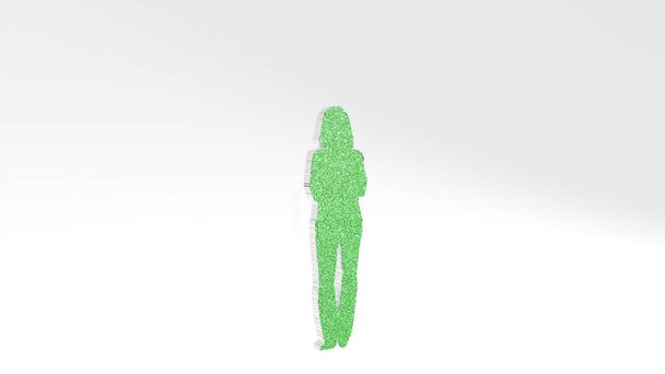 κορίτσι από μια οπτική γωνία στον τοίχο Ένα παχύ γλυπτό κατασκευασμένο από μεταλλικά υλικά 3D rendering για όμορφο και φόντο - Φωτογραφία, εικόνα