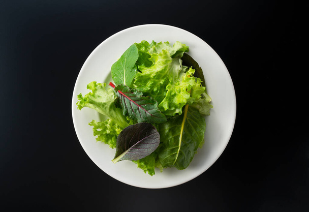 Διάφορα φύλλα σαλάτας σε ένα πιάτο σε μαύρο φόντο. - Φωτογραφία, εικόνα