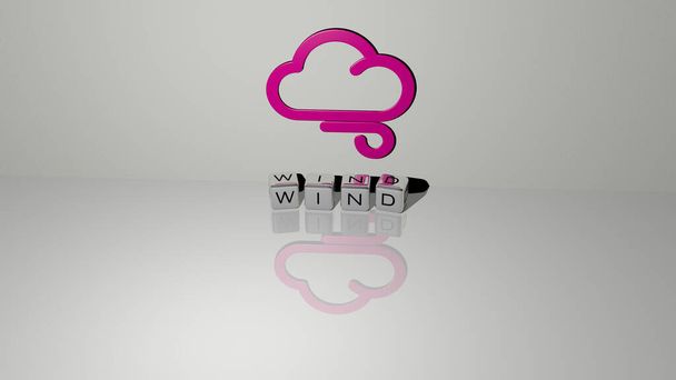 WIND-Text der Würfelbuchstaben auf dem Boden und 3D-Symbol an der Wand, 3D-Illustration für Hintergrund und Fahne - Foto, Bild