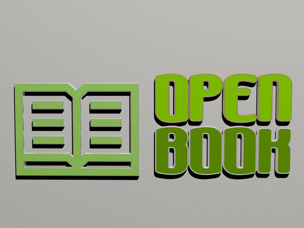 open book icon and text on the wall, 3D illustration for background and white - Photo, Image