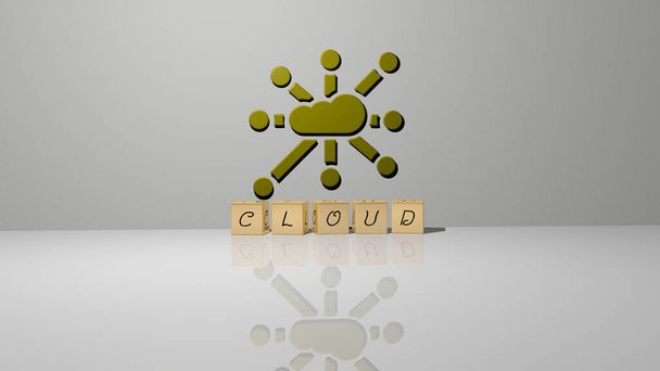 CLOUD text of cubic dice letters on the floor and 3D icon on the wall, 3D illustration for background and blue - Photo, Image