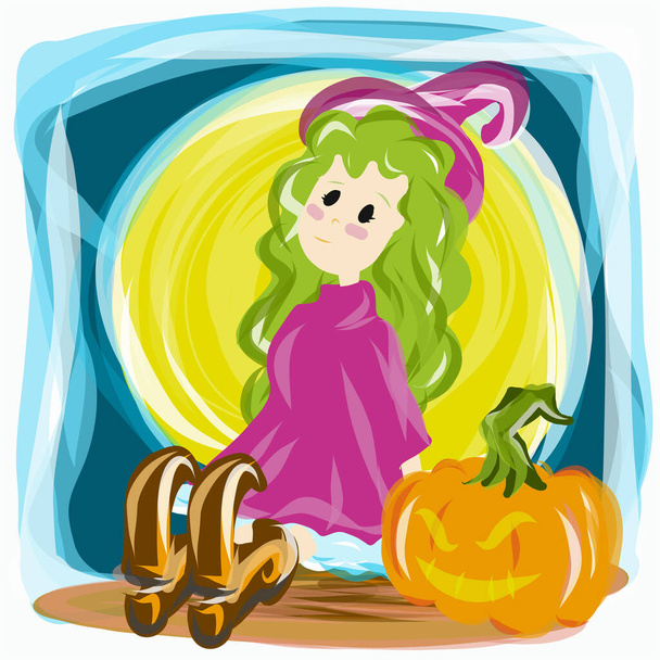 The little witch and pumpkin jack o lantern vector for halloween content. - Vector, Image