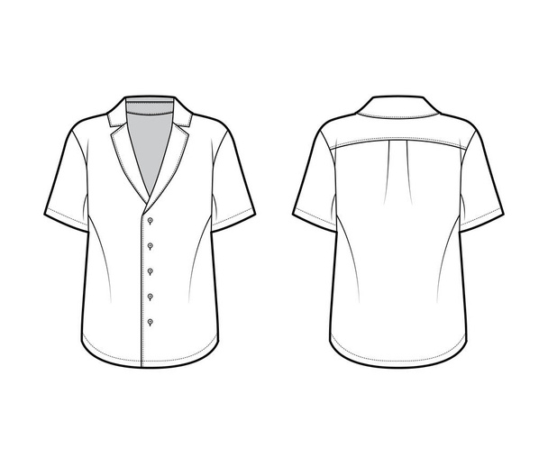 Camisa de estilo pijama ilustración técnica de moda con cuello de muesca puntiagudo, cierres de botones delanteros, mangas cortas. - Vector, Imagen