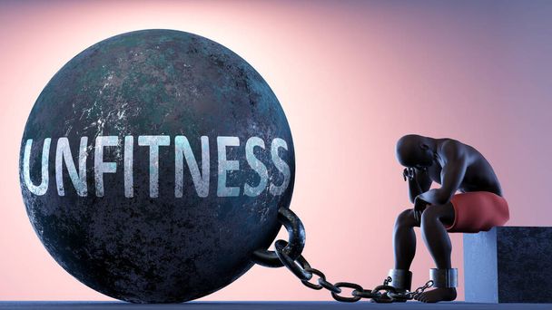 Unfitness as a heavy weight in life - symbolized by a person in chains attached to a prisoner ball to show that Unfitness can cause suffering, 3d illustration - Photo, Image