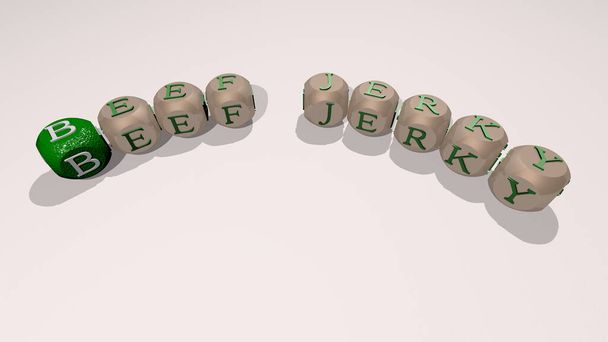 BEEF JERKY zar harfleri ve renk geçişi ile birleştirilerek arka plan ve et konseptinin ilgili anlamları - Fotoğraf, Görsel