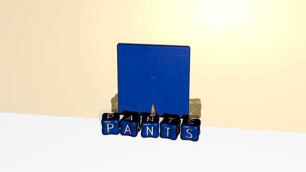3D representation of pants with icon on the wall and text arranged by metallic cubic letters on a mirror floor for concept meaning and slideshow presentation for background and white - Photo, Image