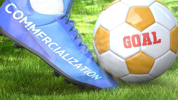 Comercialización y un objetivo de la vida - representado como la palabra Comercialización en un zapato de fútbol para simbolizar que puede impactar en una meta y es un factor en el éxito en la vida, ilustración 3d - Foto, imagen