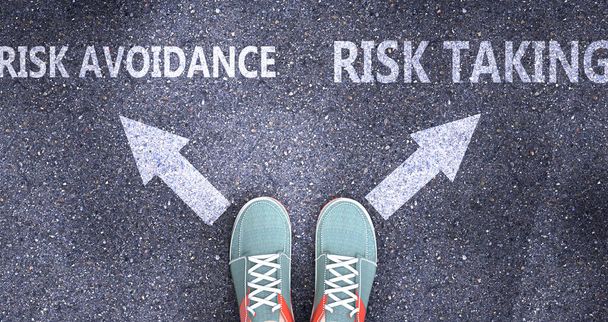 Evitação de risco e tomada de risco como escolhas diferentes na vida - retratado como palavras Evitação de risco, risco de assumir uma estrada para simbolizar a tomada de decisão e escolher um como uma opção, ilustração 3d - Foto, Imagem