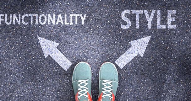 Functionality and style as different choices in life - pictured as words Functionality, style on a road to symbolize making decision and picking either one as an option, 3d illustration - Photo, Image