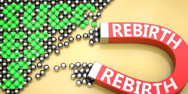 Rebirth houkuttelee menestystä - kuvassa sanana Rebirth magneetilla symboloimaan sitä, että Rebirth voi aiheuttaa tai edistää menestystä työssä ja elämässä, 3d kuva - Valokuva, kuva