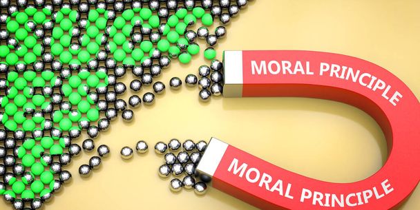 Моральный принцип привлекает успех - изображенный как слово моральный принцип на магните, символизирующий, что моральный принцип может вызвать или способствовать достижению успеха в работе и жизни, 3d иллюстрация - Фото, изображение