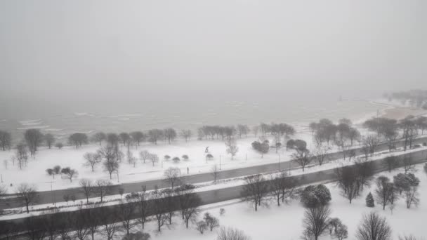 Detectando el lapso de tiempo del lago Michigan frente al lago y el tráfico en Lake Shore Drive en el lado norte de Chicago mientras está nevando y todo, incluidos los árboles, está cubierto de blanco. - Metraje, vídeo