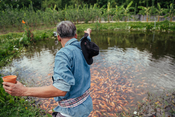 Старший азиатский фермер кормит рыбу пеллетной пищей на рыбной ферме. - Фото, изображение