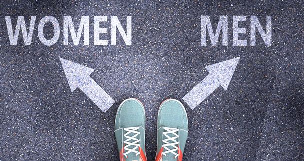 Donne e uomini come scelte di vita diverse - immaginati come parole Donne, uomini su una strada per simboleggiare prendere decisioni e scegliere donne o uomini come opzione, illustrazione 3d - Foto, immagini