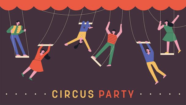 Circus acrobats are riding trapezes. - Vector, Image