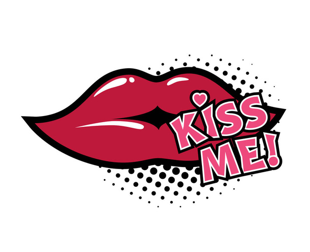 Komiczny napis "Pocałuj mnie". Komiczna bańka mowy z emocjonalnym SMS-em Kiss Me. Jasna dynamiczna ilustracja kreskówki w stylu retro pop sztuki izolowane na białym tle. Komiczne efekty dźwiękowe tekstu - Zdjęcie, obraz