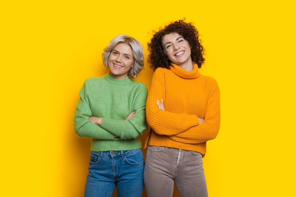 Caucasian women with curly hair are posing on a yellow studio wall with crossed hands - Photo, Image