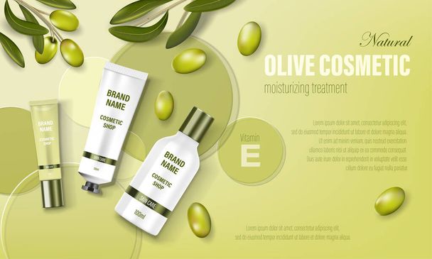 Cosmetic poster ad. Realistic glass jar with green olives, circular disks and realistic tubes. Face cream, body wash, lotion, cosmetic bottle template. Realistic 3d illustration - Vector, Image