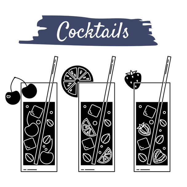 Black and white vector illustration of cocktails in line art style with cherry, strawberry, lime, lemon, orange and grapefruit. Icons are suitable for menu design and summer decor. - Wektor, obraz