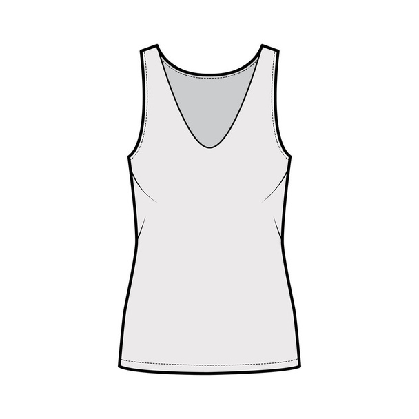 Bavlněný dres tank technické módní ilustrace s relaxační fit, ponoření V-výstřih, bez rukávů. Ploché prádlo camisole - Vektor, obrázek