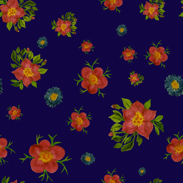 Bright red flowers on dark blue background seamless pattern with repeating elements - Fotó, kép
