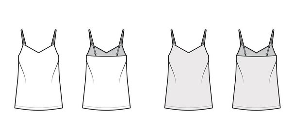 Camisole technische mode illustratie met flatterende V-hals, riemen, ontspannen pasvorm, tuniek lengte. Vlakke schoeiseltank - Vector, afbeelding