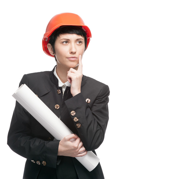 thoughtful engineer woman holding sign - Photo, Image
