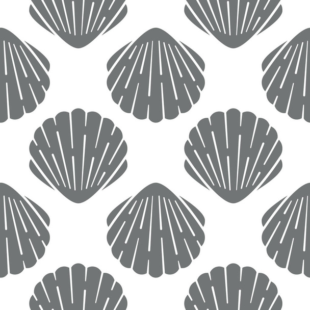 Seashell bezproblemowy wzór. Wektorowe tło obejmowało ikony sylwetki, takie jak muszle mórz oceanicznych, przegrzebki morskie monochromatyczna faktura tkaniny - Wektor, obraz