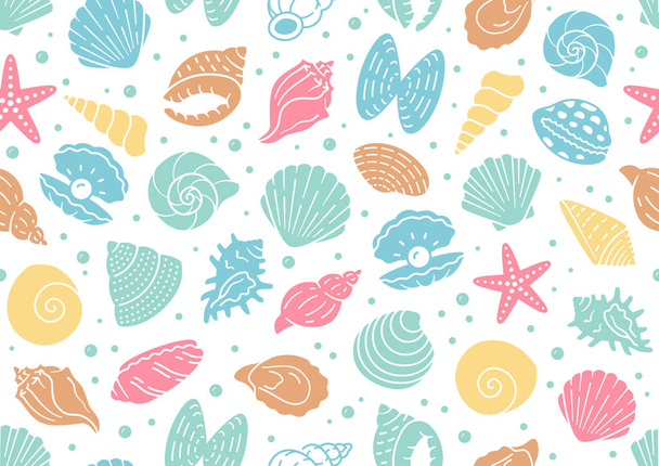 Schelp naadloos patroon. Vector achtergrond opgenomen lijn pictogrammen als oceaan zee schelpen, sint-jakobsschelpen, zeester, mossel, oester, nautische textuur voor stof. Wit, blauw, rood, gele kleur - Vector, afbeelding
