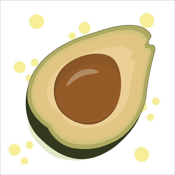 Juicy half of an avocado with a stone isolated on a white background. Vector illustration in a simple flat style. Exotic fruit for a healthy diet. Avocado in realistic colors with splashes - Vector, Image