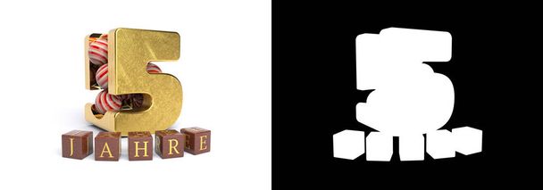 Inscripción en alemán 5 años, que consiste en un número de oro cinco y caramelos redondos llenando el número 5 sobre un fondo blanco con sombra y canal alfa. Ilustración 3D - Foto, imagen