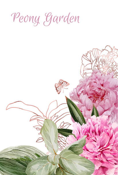 Lush peonies, flowers and rose gold floral elemets - Vector, Image
