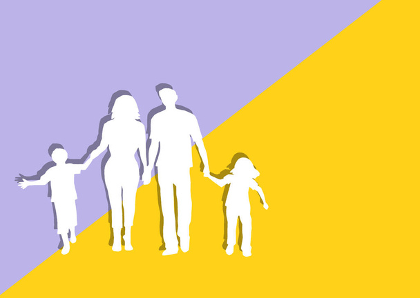λευκές χάρτινες σιλουέτες μιας πλήρους οικογένειας σε βιολετί-κίτρινο φόντο. - Φωτογραφία, εικόνα