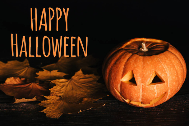greeting card with text for Halloween celebration with orange pumpkin - Foto, Bild