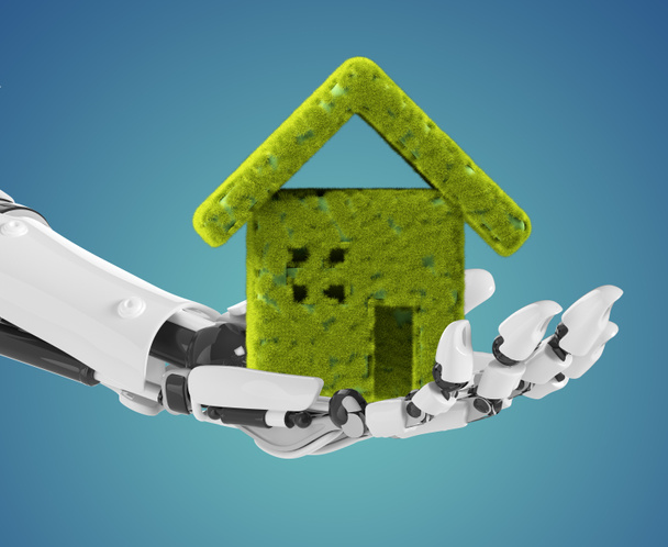 Yeşil bir evi tutan robot el. Ekoloji ve çevresel ihtiyaçlar, evdeki yapay bütünlük ve diğerleri gibi pek çok fikrin kavramı - Fotoğraf, Görsel