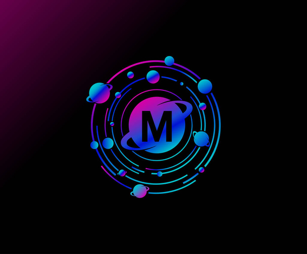 Orbit M Buchstabendesign. Moderner Planet mit Umlaufbahn. Bunte abstrakte Kreis Geometrie Planet Logo. - Vektor, Bild