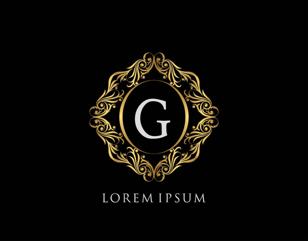 Luxus jelvény G betű logó. Luxus arany kalligráfiai vintage embléma gyönyörű ízléses virágdísz. Elegáns keret design vektor illusztráció. - Vektor, kép