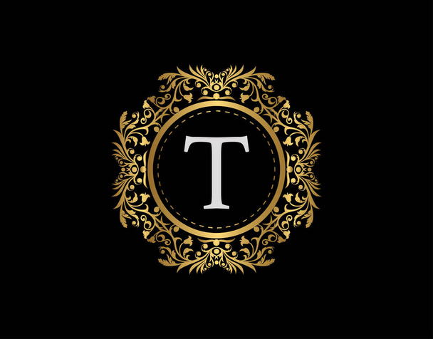 Luxury Badge Letter T Logo. Πολυτελές χρυσό καλλιγραφικό έμβλημα με όμορφο κλασικό στολίδι λουλουδιών. Αριστοτεχνική σχεδίαση πλαισίου Διάνυσμα εικονογράφηση. - Διάνυσμα, εικόνα