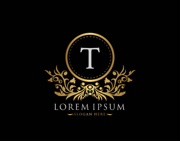 Luxe Boutique Logo. Letter T met gouden kalligrafisch embleem en klassiek bloemsieraad. Stijlvol Frame ontwerp Vector illustratie. - Vector, afbeelding