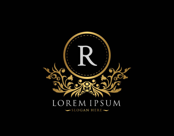 Luxus Boutique Logo. Buchstabe R mit goldenem kalligraphischem Emblem und klassischem floralen Ornament. Elegantes Rahmendesign Vektor-Illustration. - Vektor, Bild