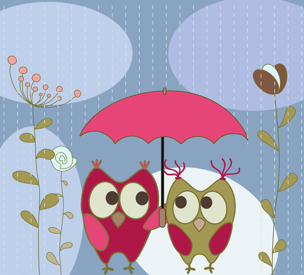 Floral greeting card with owls - Vector, imagen