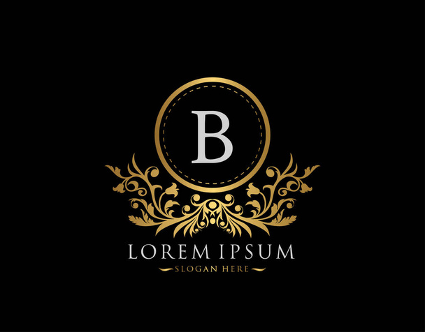 Luxe Boutique Logo. Letter B met gouden kalligrafisch embleem en klassiek bloemsieraad. Stijlvol Frame ontwerp Vector illustratie. - Vector, afbeelding