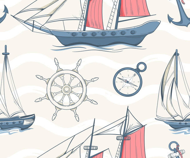 Seamless pattern with sailing yachts and nautical equipment - Vector, afbeelding