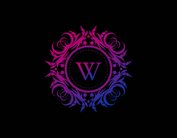 Insignia de arte Yoga W Letra Logo. Emblema caligráfico de lujo con hermoso adorno floral con clase. Diseño de marco heráldico vintage con color azul y magenta. - Vector, Imagen