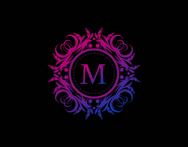 Логотип Yoga Art Badge M. Роскошная каллиграфическая эмблема с красивым цветочным орнаментом. Винтажная геральдическая рамка с голубым и пурпурным цветом. - Вектор,изображение