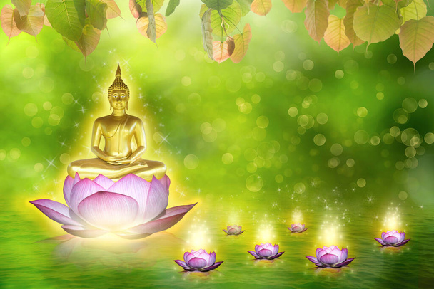 Buda heykeli su lotusu Buddha turuncu arka planda lotus çiçeğinin üzerinde duruyor. Budizm Çin 'de ve Tayland' da birçok Tayland kültüründe popülerdir.. - Fotoğraf, Görsel